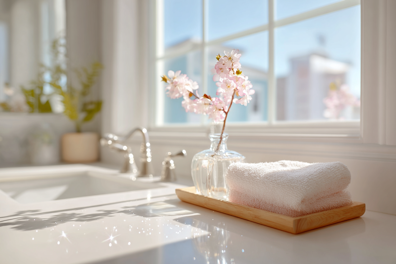 春の光が差し込む清潔な洗面台