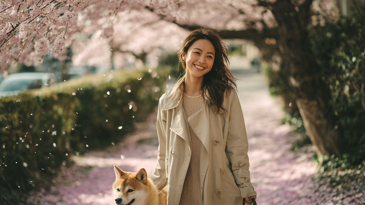 桜並木を歩く女性