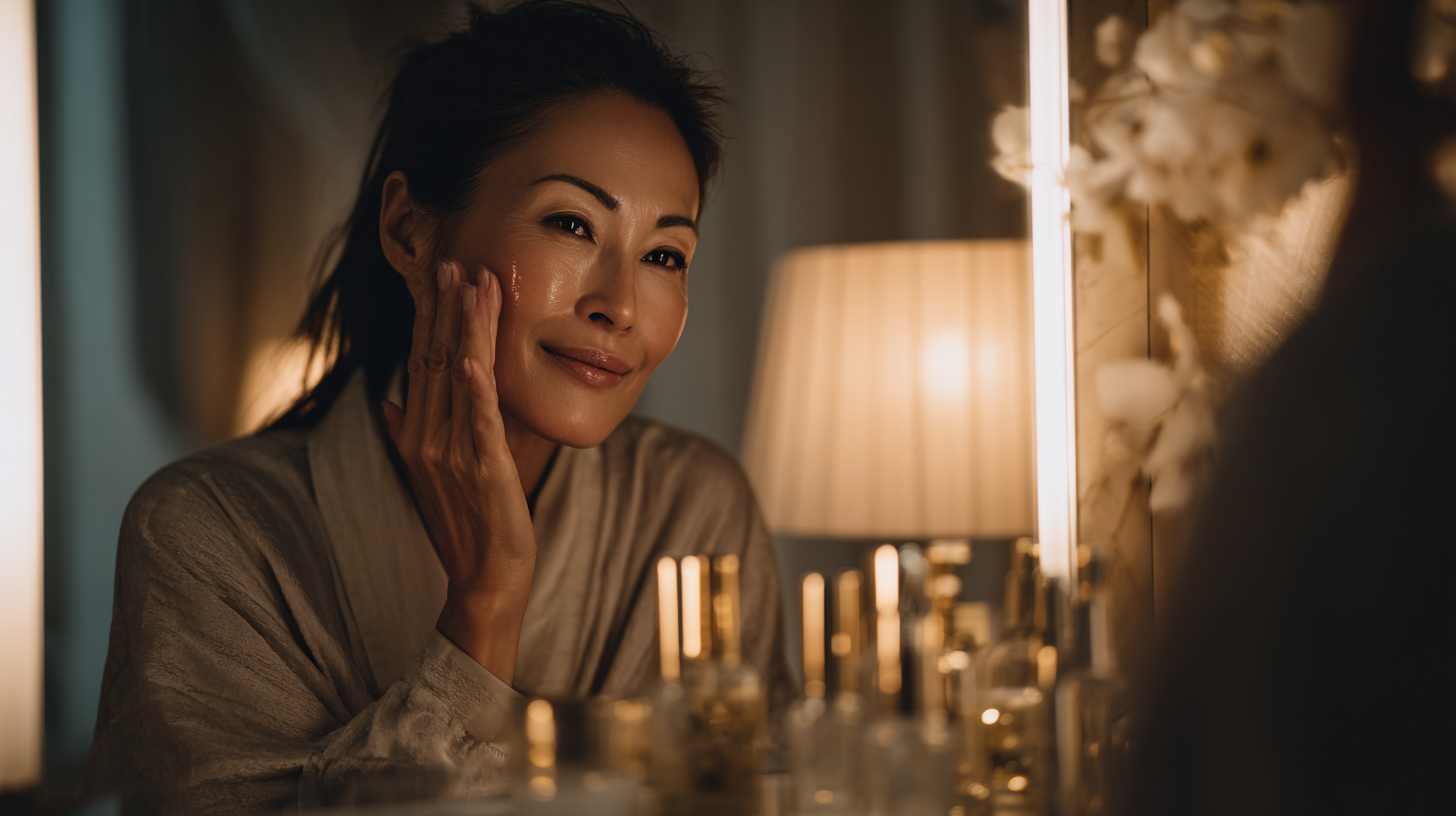 鏡の前でスキンケアをする女性