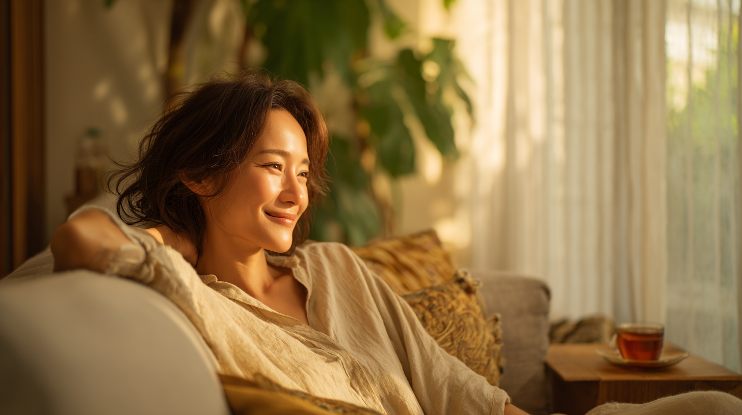 春の光の中でくつろぐ女性